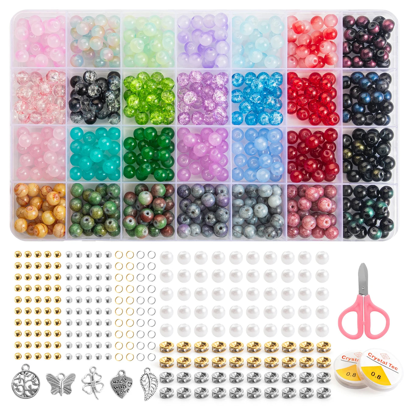 Glass Beads Bracelet Making Kits 28 Colors 8mm Crystal Beads Round Gemstone Stone Beads with Accessories for Jewelry Making DIY