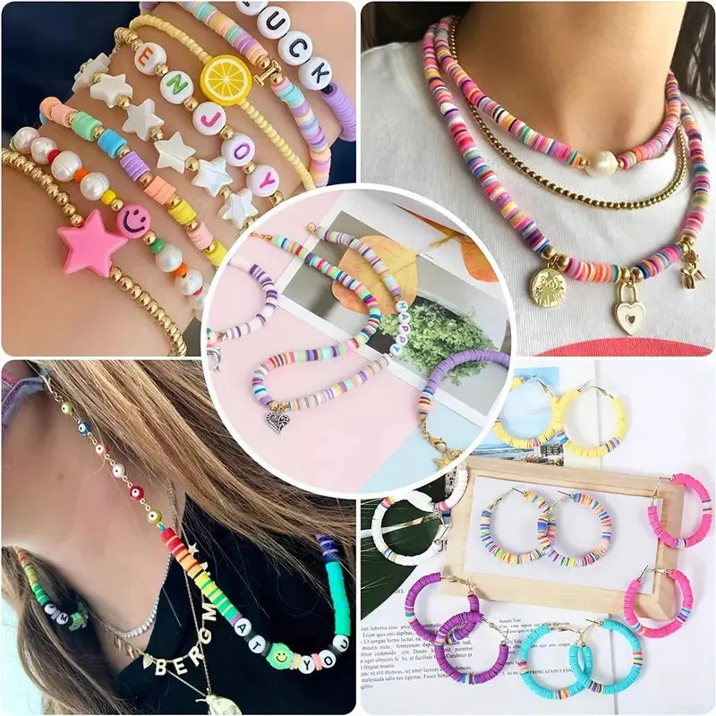 Polymer Clay Beads Set 6MM Rainbow Color Flat Chip Beads For Boho Unique Bracelet Necklce Making Letter Beads Accessorie Kit DIY